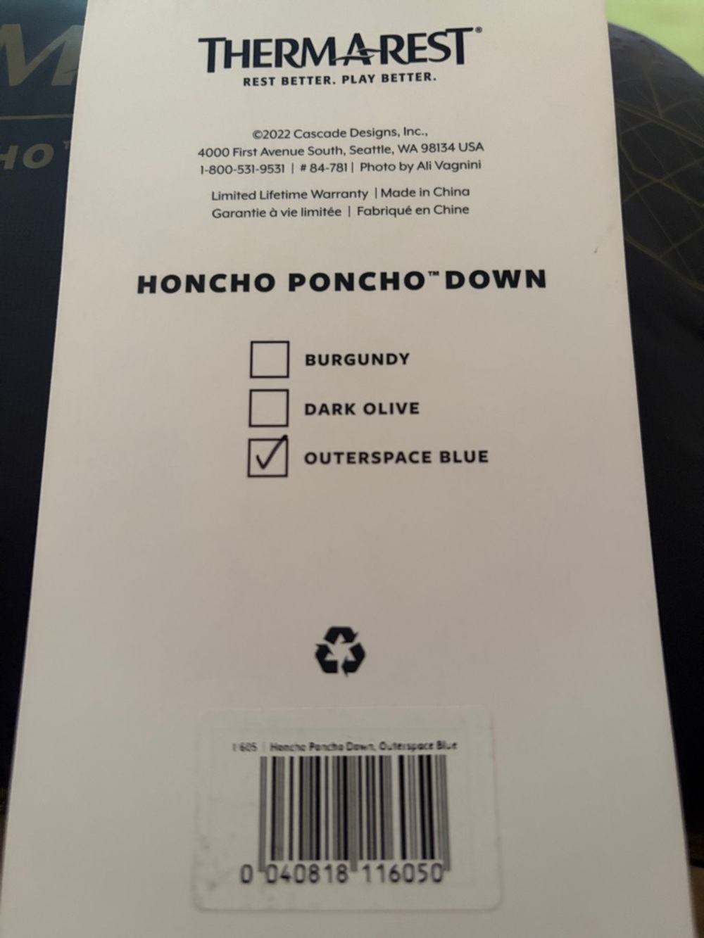 Thermarest honcho poncho down, outspace blue